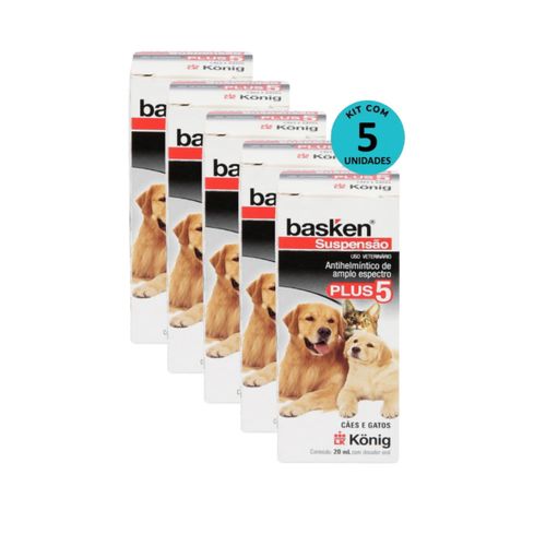 Kit 5 Vermífugo Basken Susp. Plus 5 Cães e Gatos 20ml- König Kit 5 Vermífugo Basken Susp. Plus 5 Cães e Gatos 20ml- König